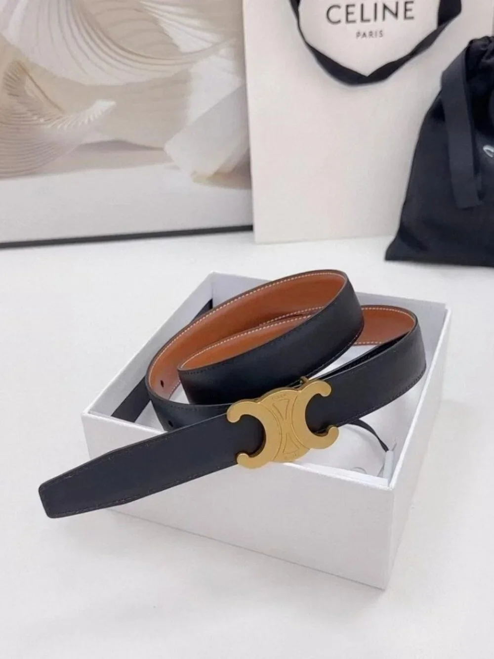 Celine Triomphe Buckle Reversible Leather Belt